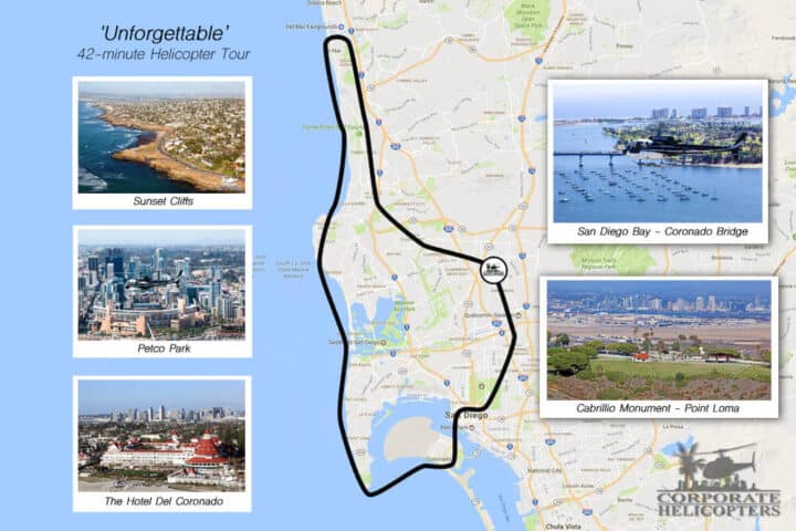 Approximate route of the Unforgettable Helicopter Tour. Call (858) 505-5650 if you need a detailed description.