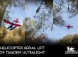 Helicopter towing a plane. Text reads Helicopter Aerial Lift of Tandem Ultralight.