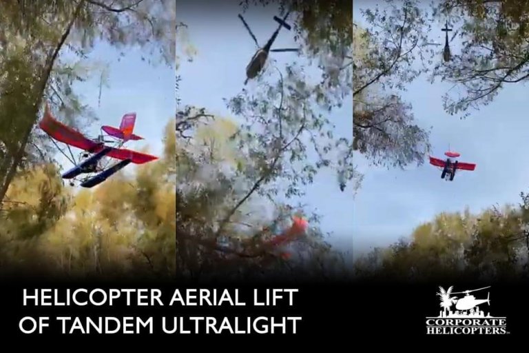 Helicopter towing a plane. Text reads Helicopter Aerial Lift of Tandem Ultralight.